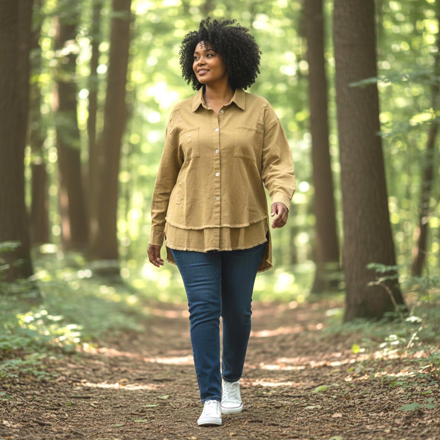 Tan Distressed Button-Up Shirt