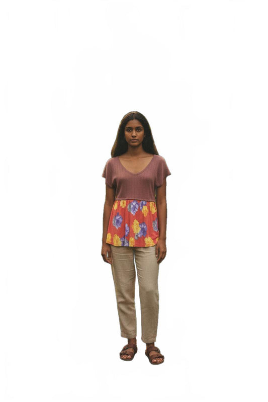 Be Stage Women's Short Sleeve V-Neck Floral Color-block Top