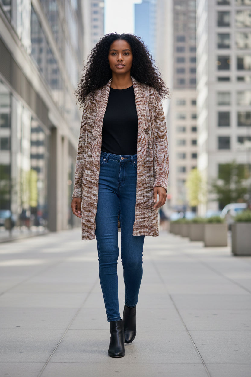 Woman in a plaid coat and blue jeans standing on a city street.