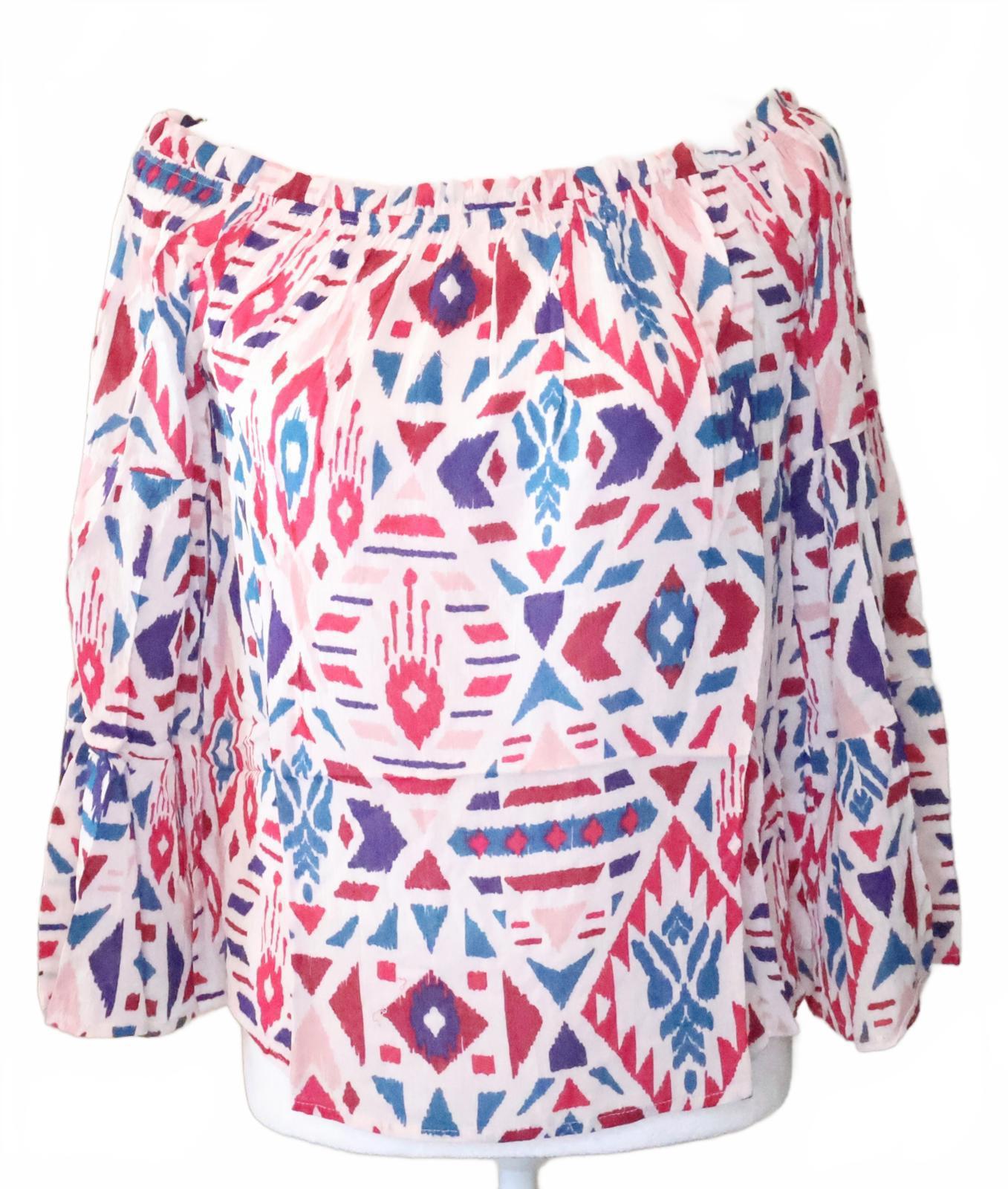 Emily Wonder Off-Shoulder Geometric Print Blouse with Bell Sleeves