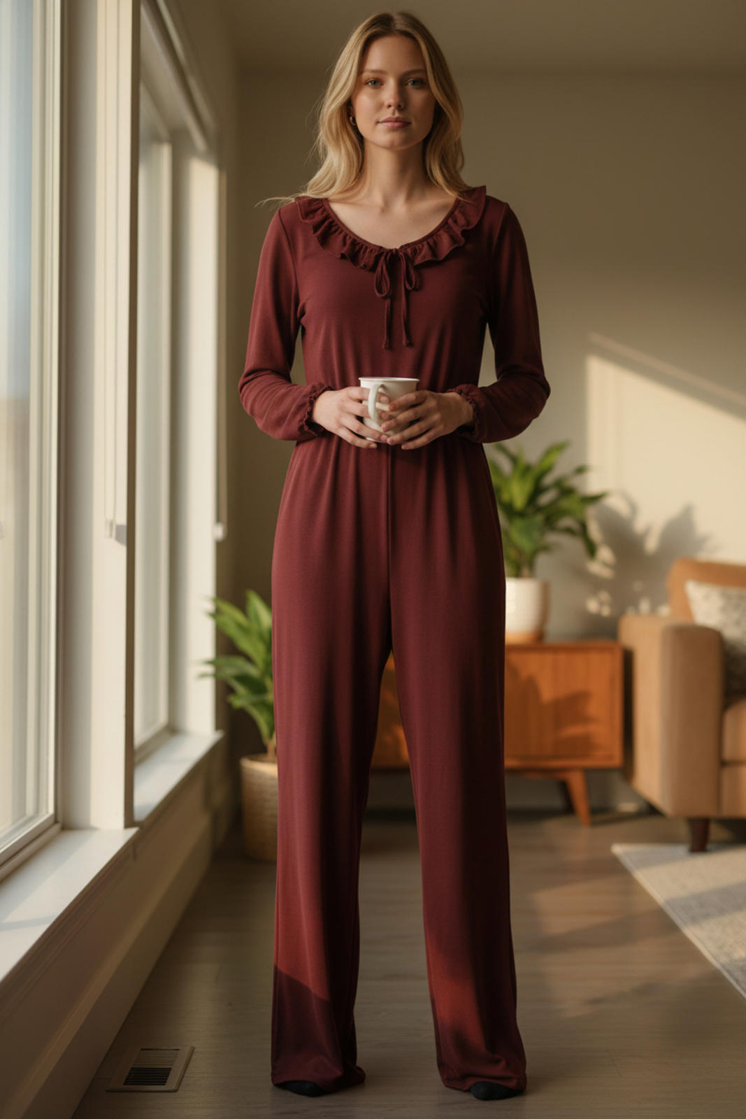 Promesa Women's Long Sleeve Burgundy Jumpsuit with Ruffle Collar