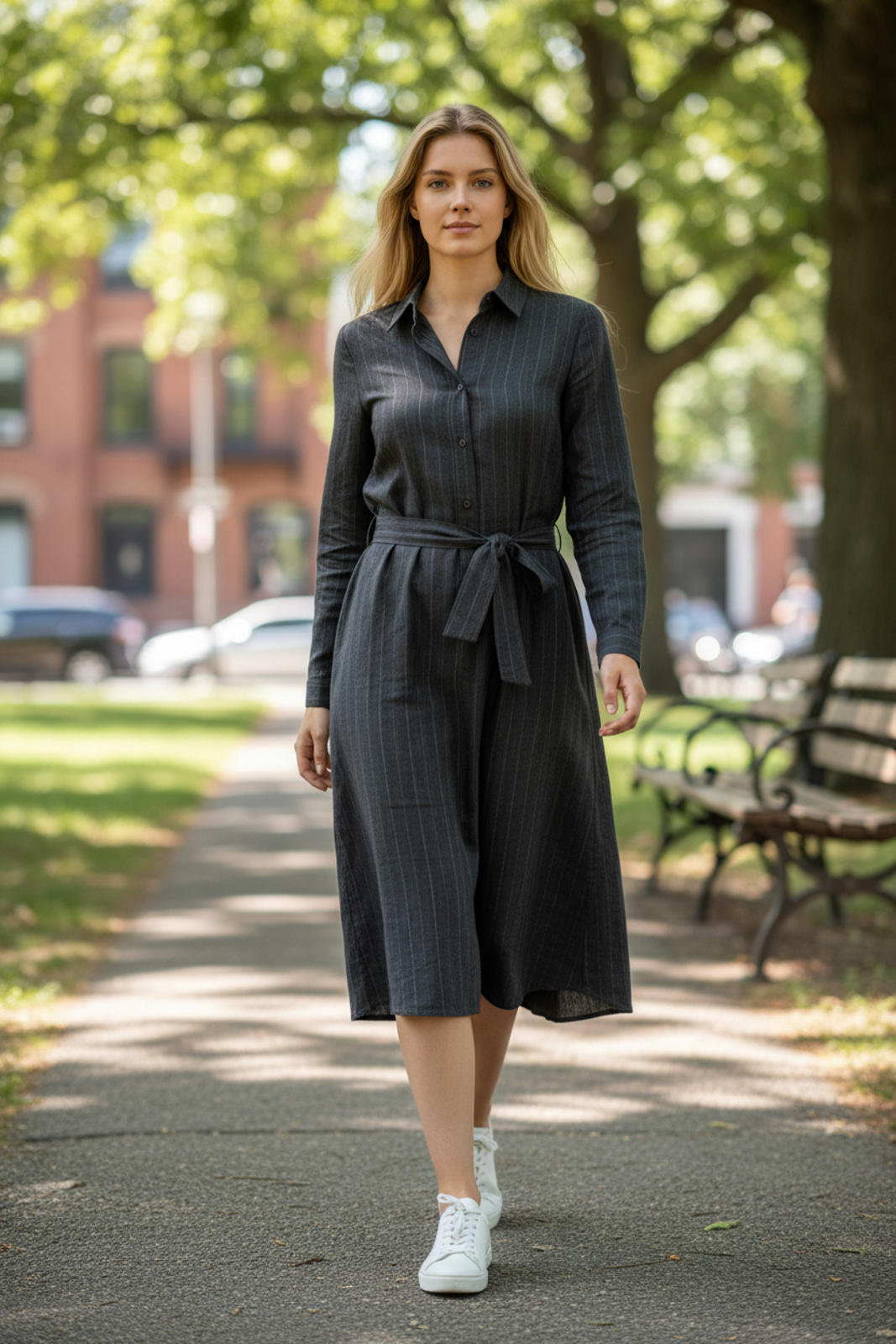 Promesa Women's Long Sleeve Striped Collared Dress With Tie Waist