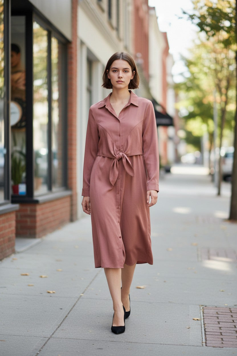 Promesa Classic Navy Blue Shirt Dress with Tie Waist