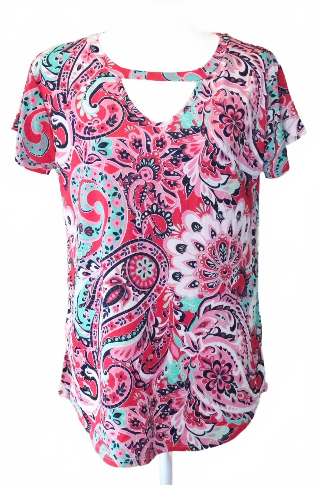 Sew in Love Women's Pink Paisley Print Short Sleeve Top with Keyhole Neck