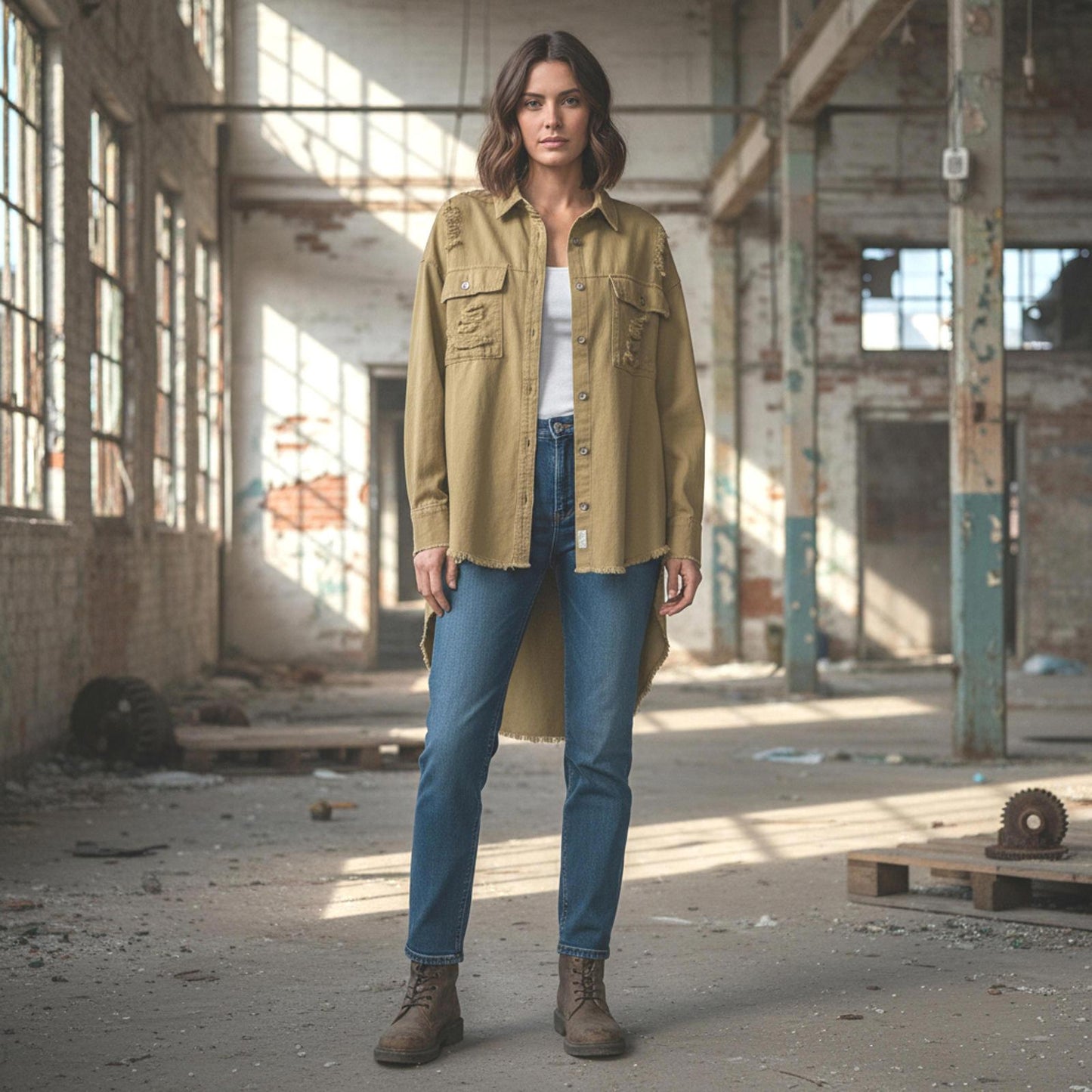 Tan Distressed Button-Up Shirt