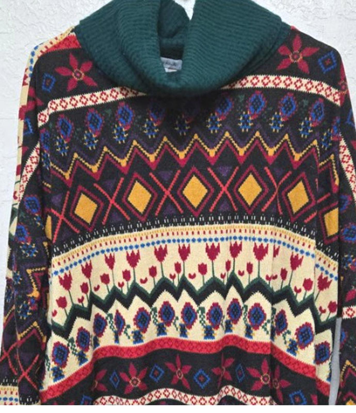 White Birch Cozy Patterned Oversized Sweater with Green Cowl Neck