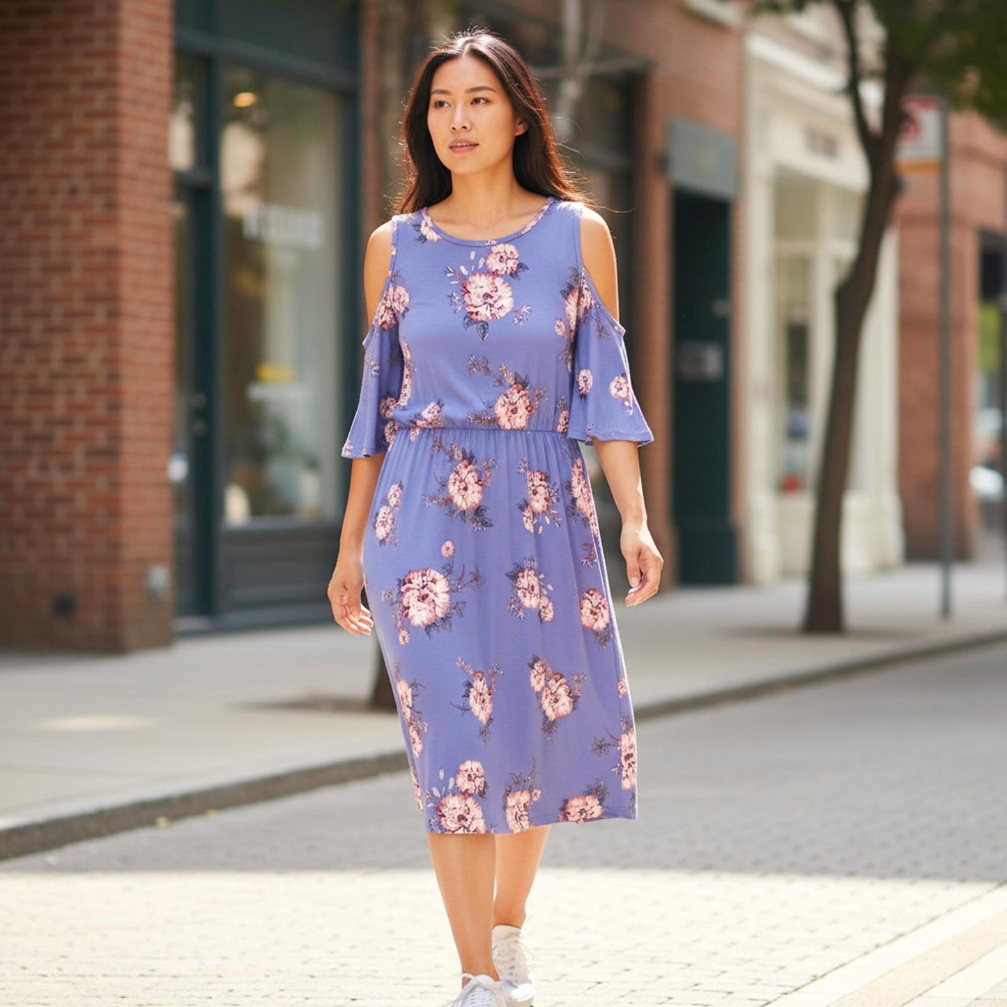 Pink Rose Cold Shoulder Floral Midi Dress in Lavender