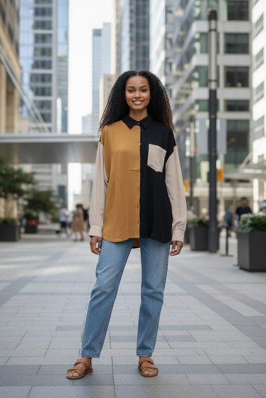 Andree by Unit Color Block Long Sleeve Button-Up Blouse