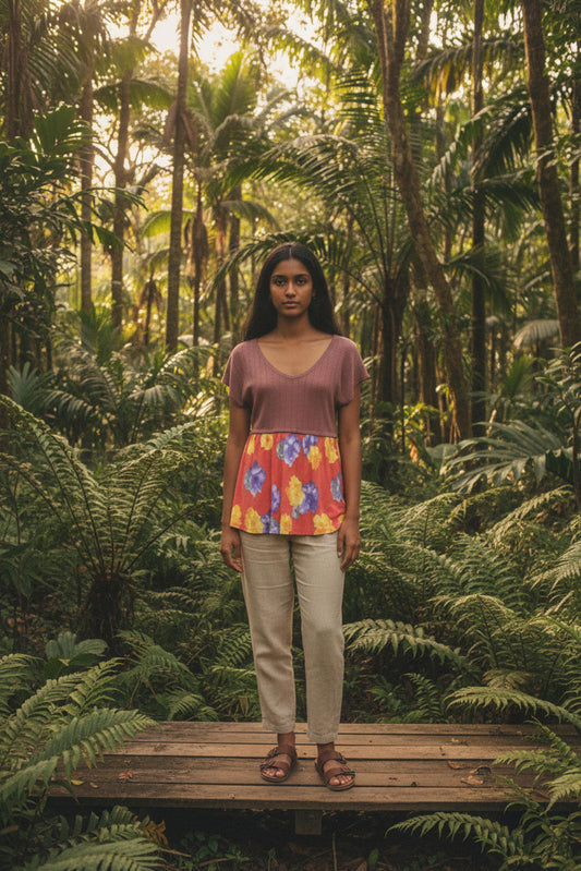 Be Stage Women's Short Sleeve V-Neck Floral Color-block Top