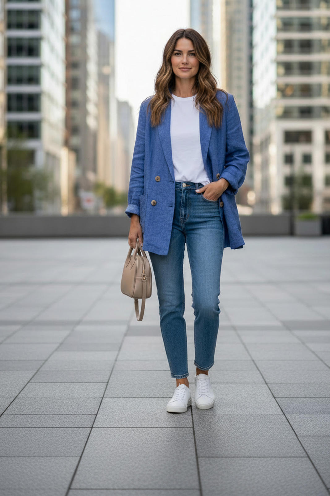 Peach Love Blue Lightweight Double-Breasted Linen Blazer