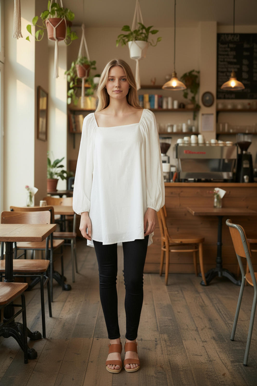 Christ & Carol White Embroidered Long Sleeve Square Neck Tunic Blouse