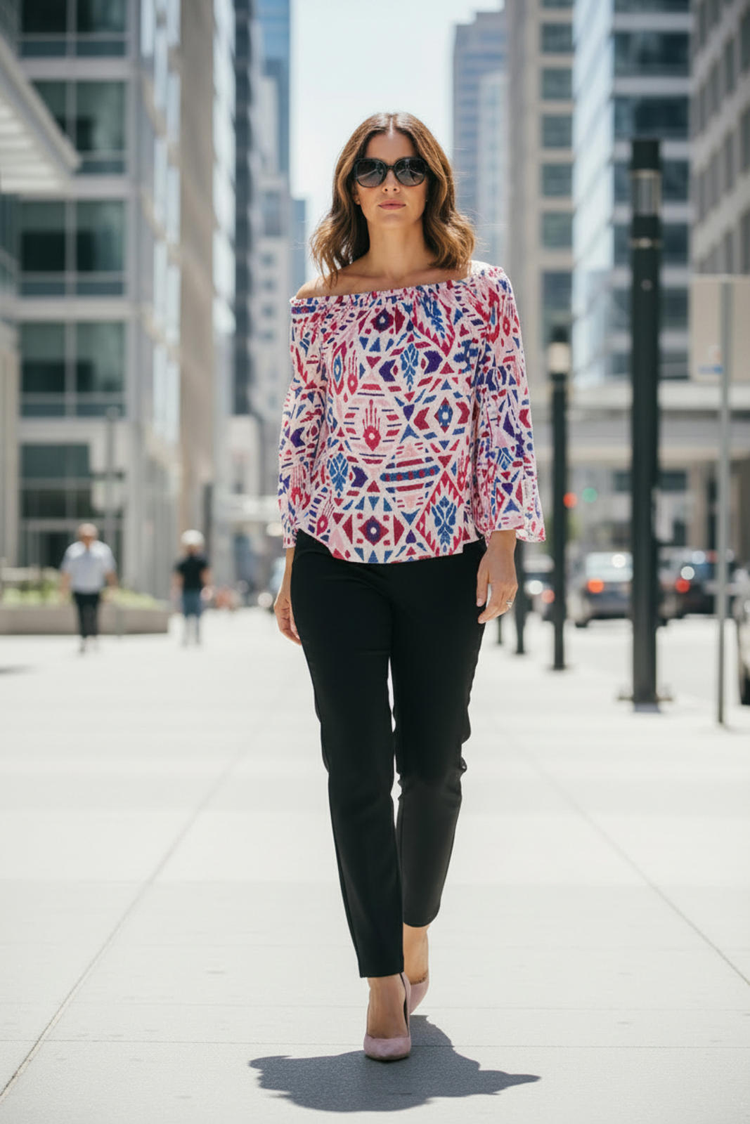 Emily Wonder Off-Shoulder Geometric Print Blouse with Bell Sleeves