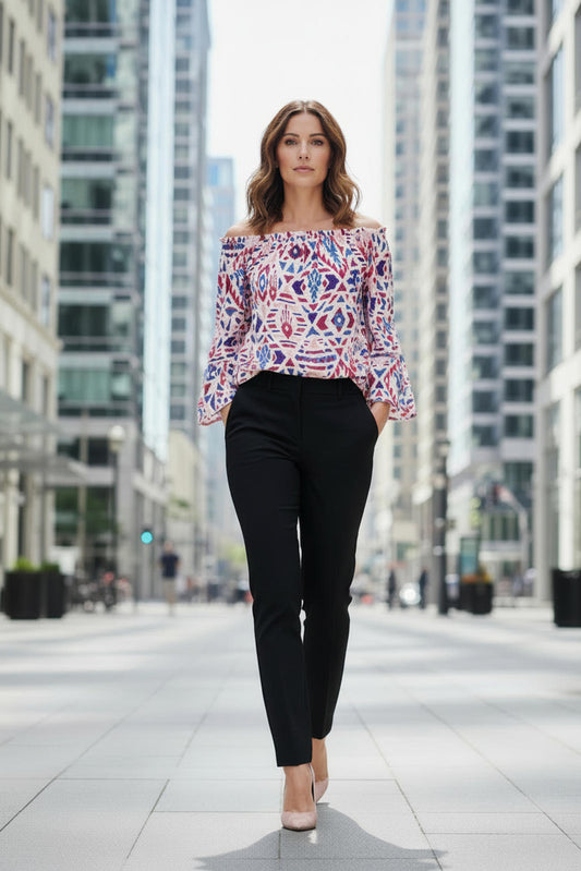 Emily Wonder Off-Shoulder Geometric Print Blouse with Bell Sleeves