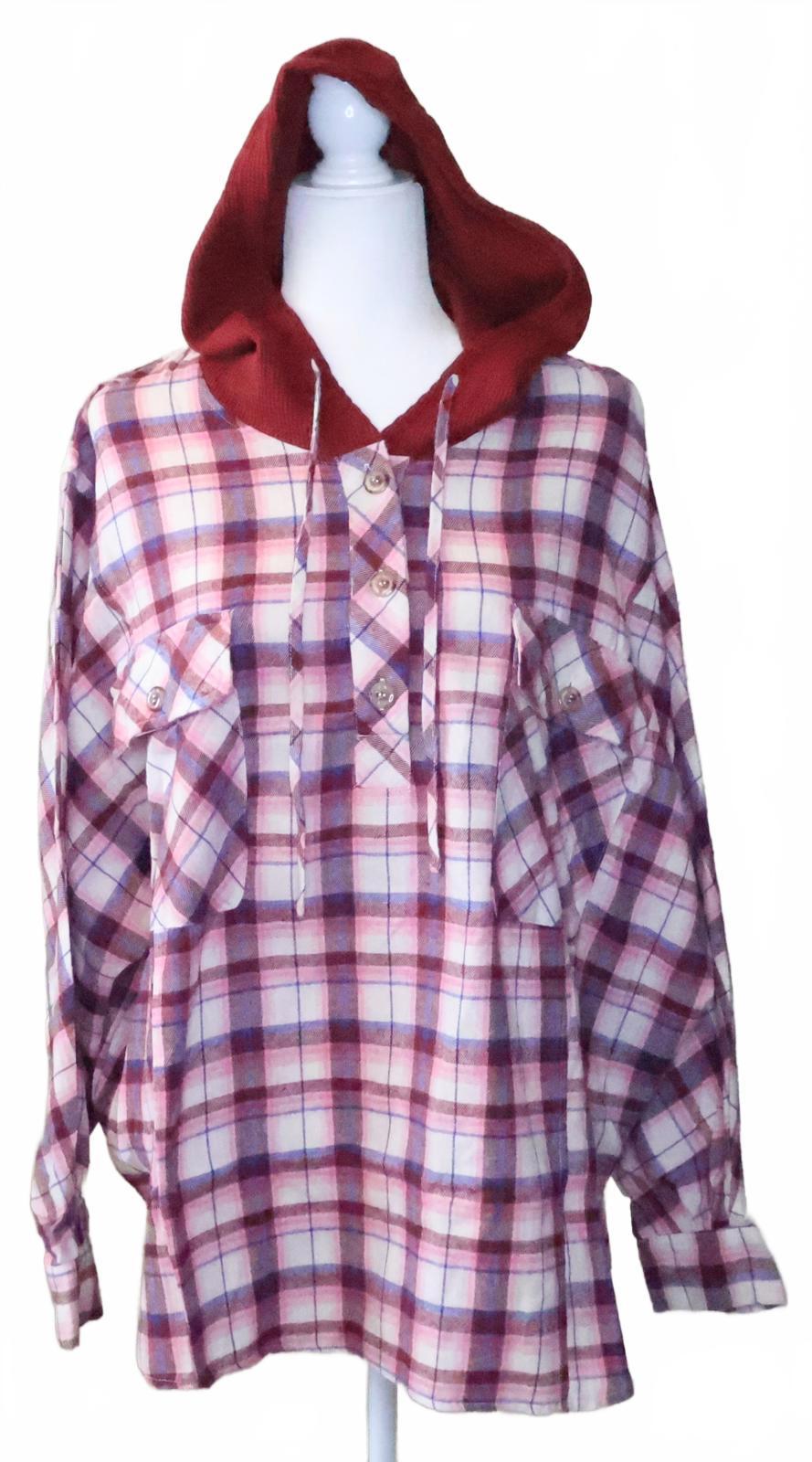 Peach Love California Plaid Hooded Button-Up Pullover Shirt with Chest Pockets