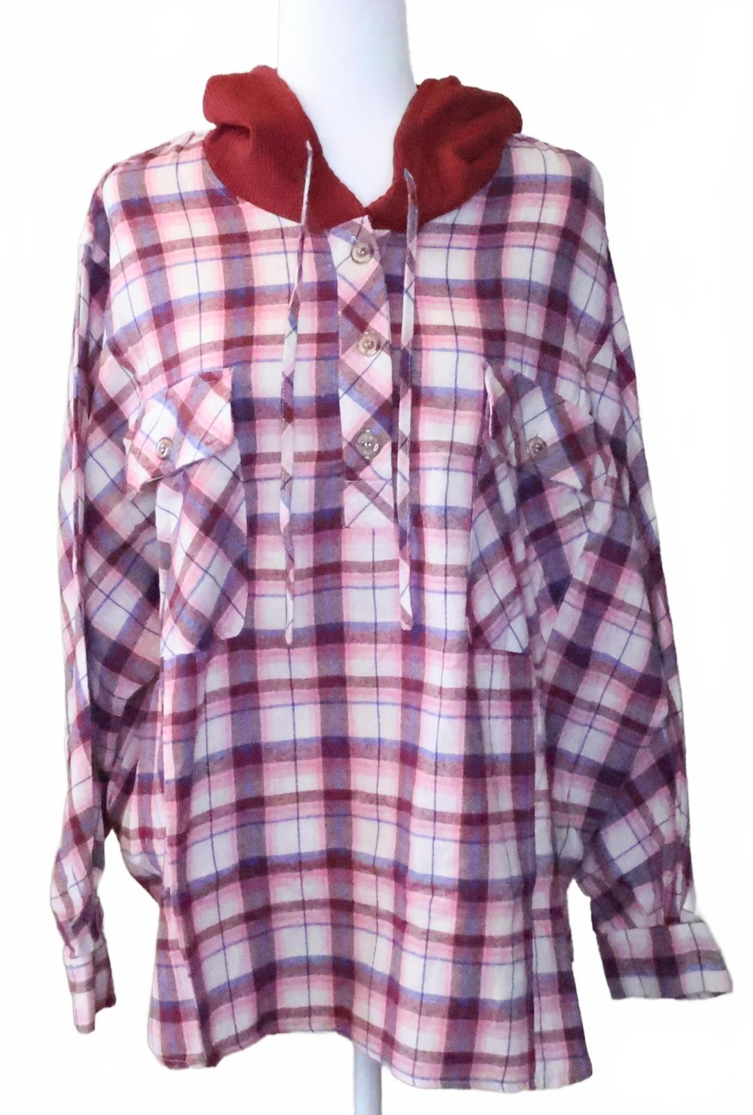 Peach Love California Plaid Hooded Button-Up Pullover Shirt with Chest Pockets