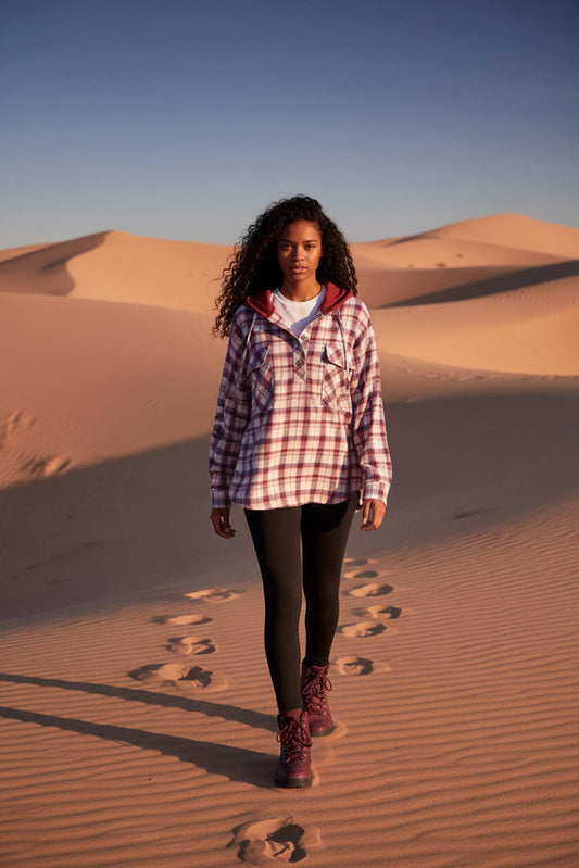 Peach Love California Plaid Hooded Button-Up Pullover Shirt with Chest Pockets