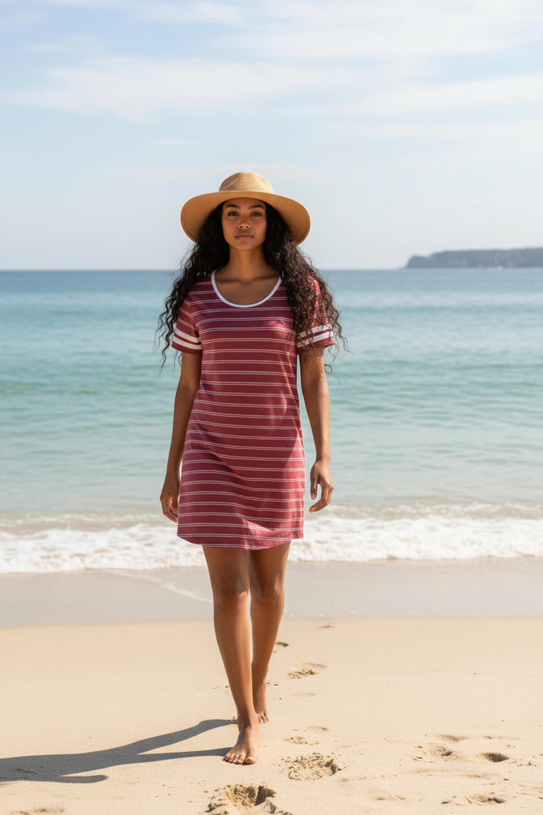 Pink Rose Casual Striped Short Sleeve Dress with White Trim