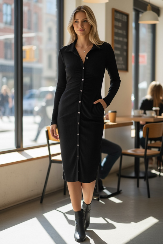 Andree by Unit Black Long Sleeve Button-Down Midi Dress with Collar