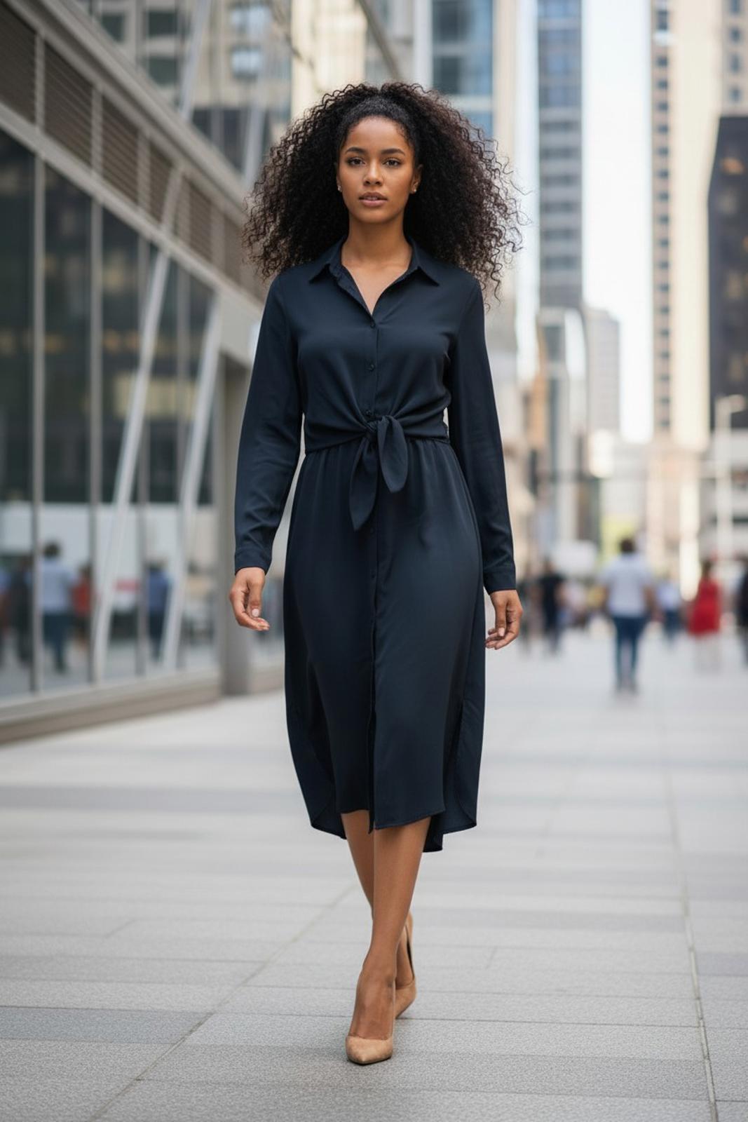 Promesa Classic Navy Blue Shirt Dress with Tie Waist