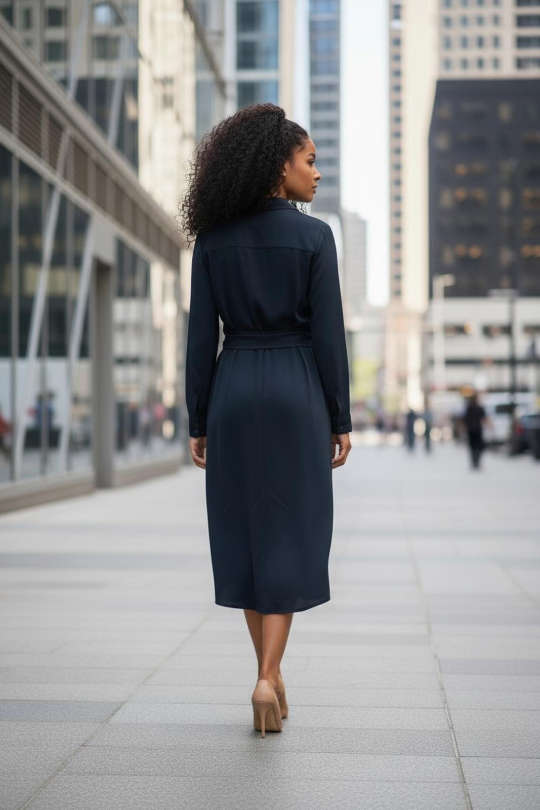 Promesa Classic Navy Blue Shirt Dress with Tie Waist