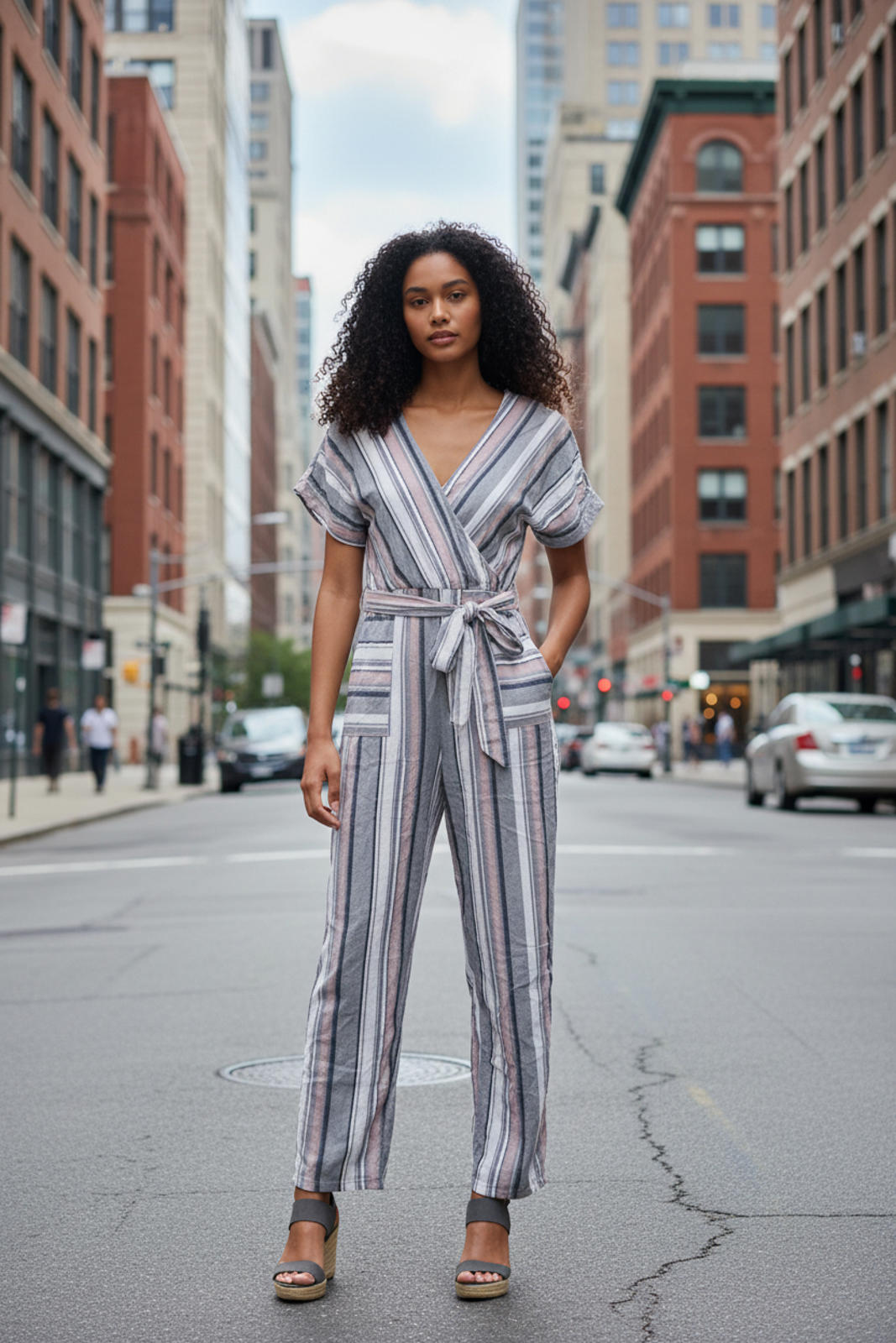 Promesa Striped V-Neck Belted Jumpsuit