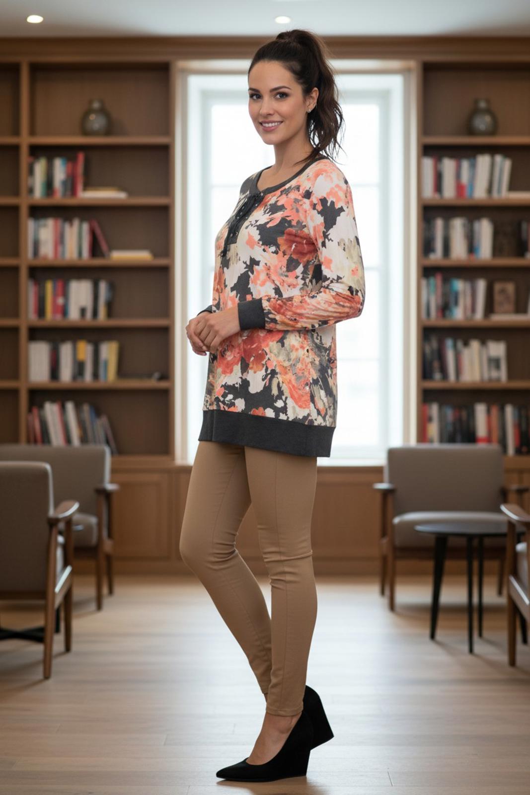 Sew in Love Women's Long Sleeve Floral Print Tunic with Lace-Up Neckline