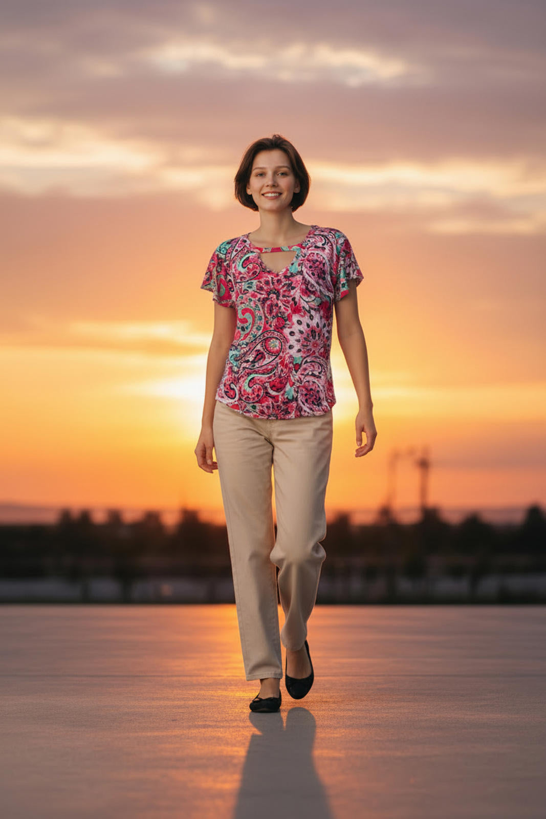 Sew in Love Women's Pink Paisley Print Short Sleeve Top with Keyhole Neck