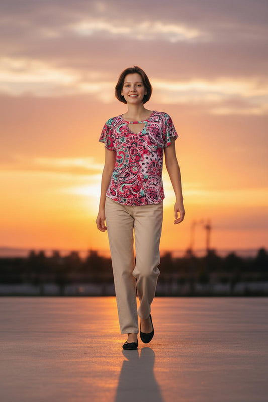 Sew in Love Women's Pink Paisley Print Short Sleeve Top with Keyhole Neck