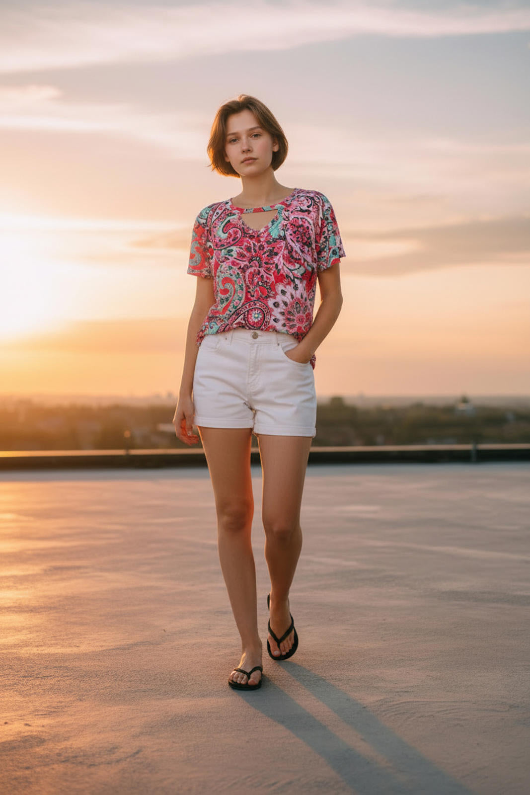 Sew in Love Women's Pink Paisley Print Short Sleeve Top with Keyhole Neck