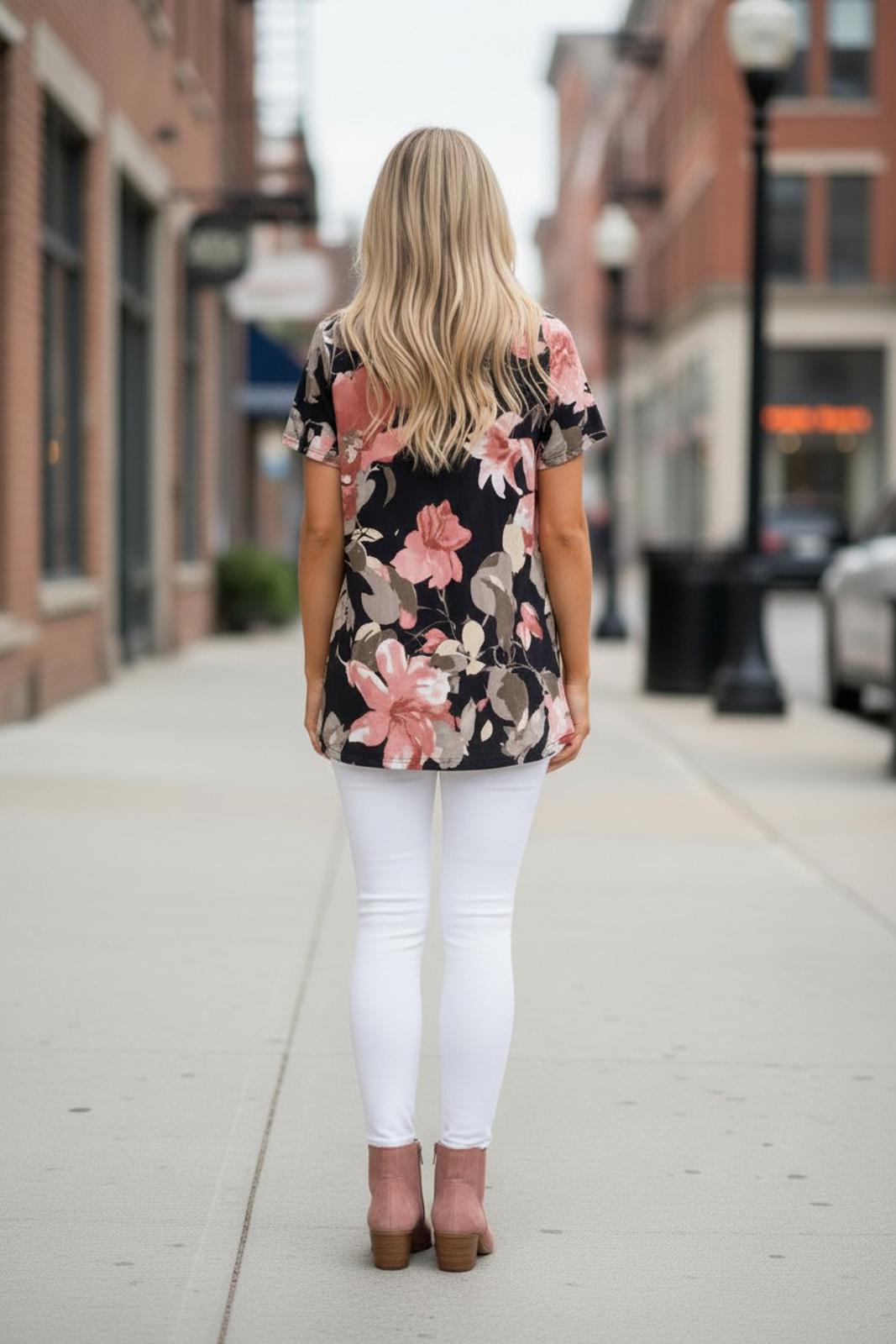 Sew In Love Floral Print Black Short Sleeve Top