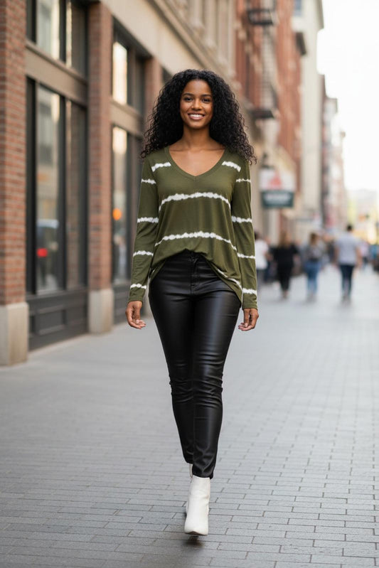 Sew In Love Women's Olive Green V-Neck Long Sleeve Tie-Dye Top