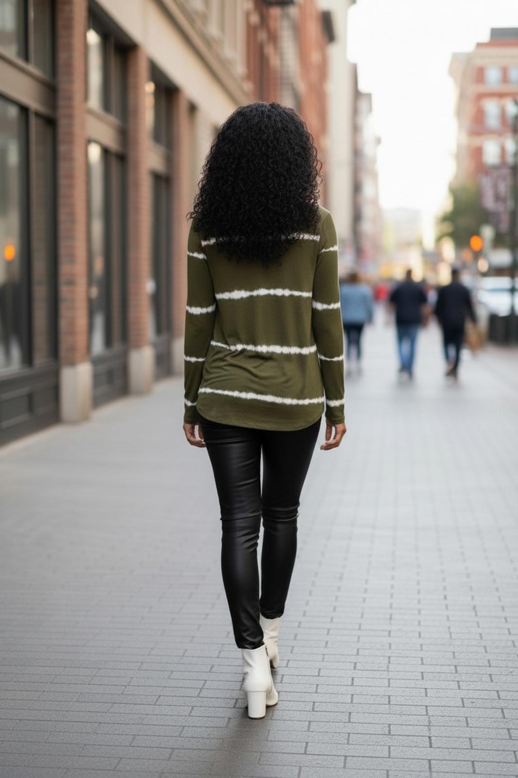 Sew In Love Women's Olive Green V-Neck Long Sleeve Tie-Dye Top