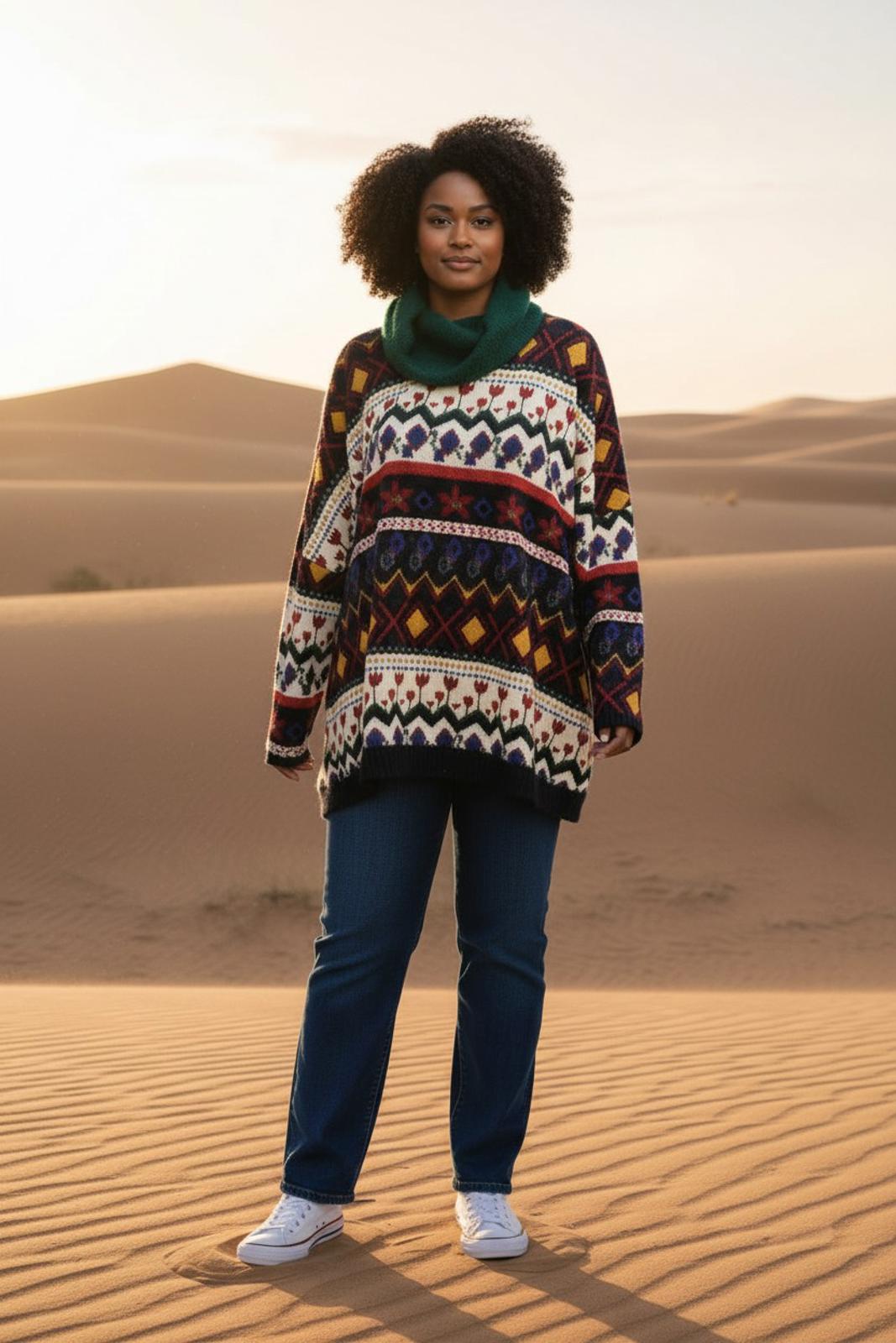 White Birch Cozy Patterned Oversized Sweater with Green Cowl Neck