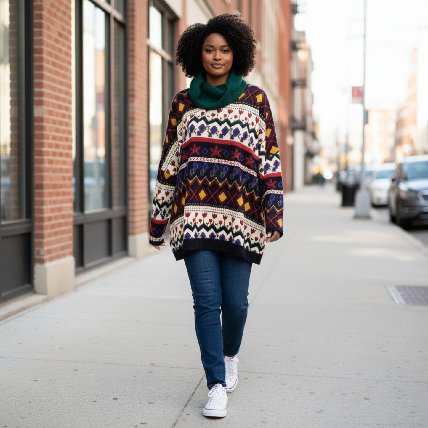White Birch Cozy Patterned Oversized Sweater with Green Cowl Neck