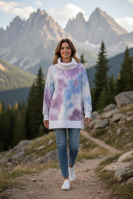 White Birch Tie-Dye Cowl Neck Long Sleeve Pullover Sweater