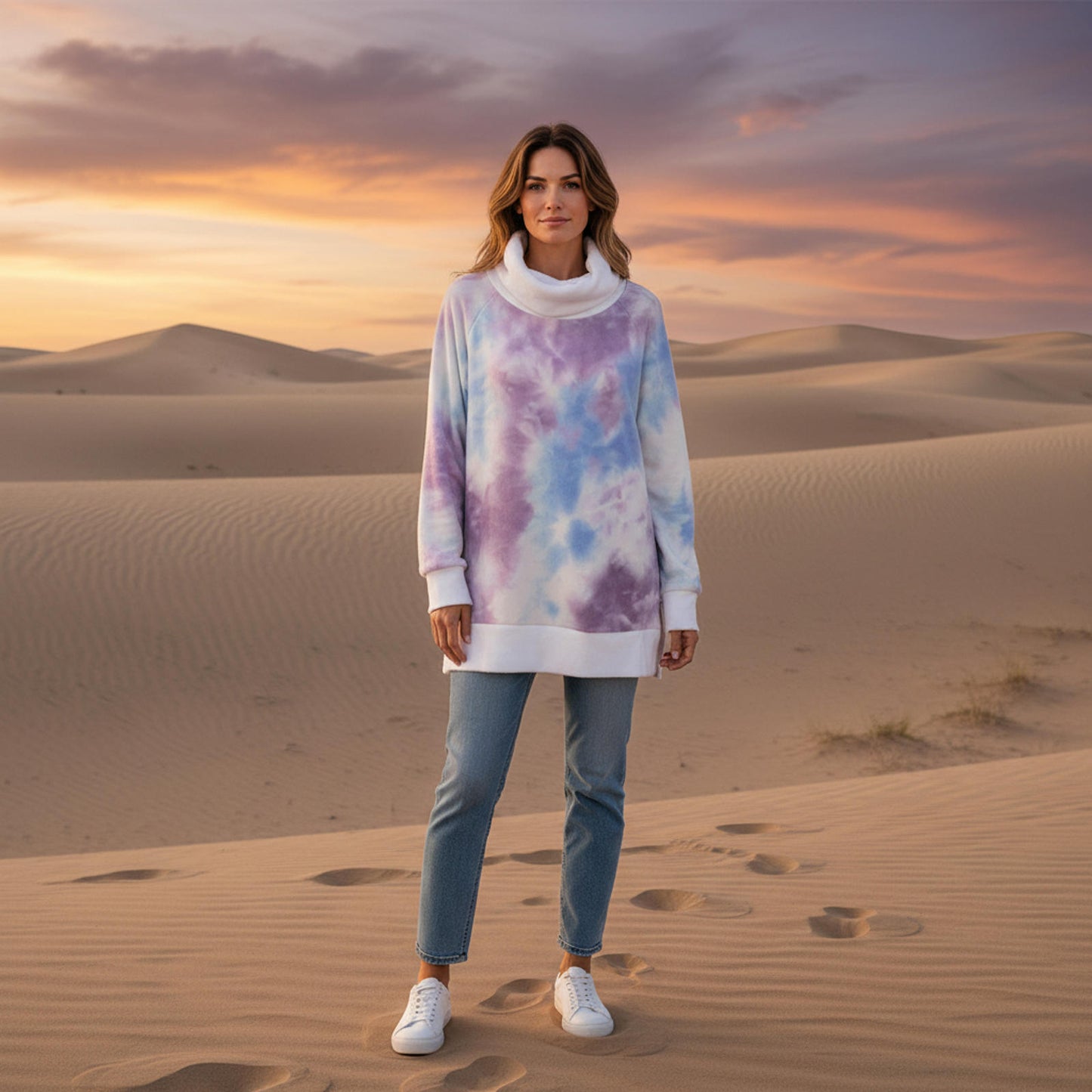White Birch Tie-Dye Cowl Neck Long Sleeve Pullover Sweater