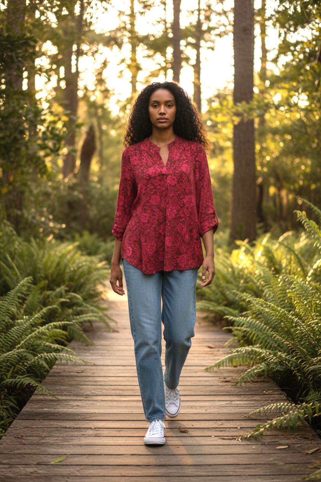 Dear Scarlett Pink and Brown Floral Patterned Long Sleeve Tunic Blouse