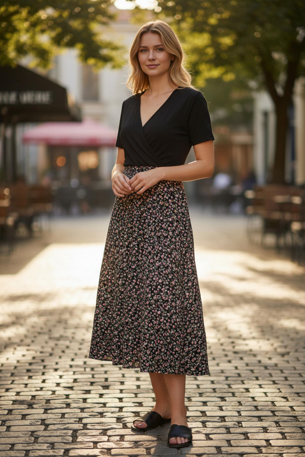 Chris & Carol Black and Floral Midi Dress with V-Neck and Short Sleeves